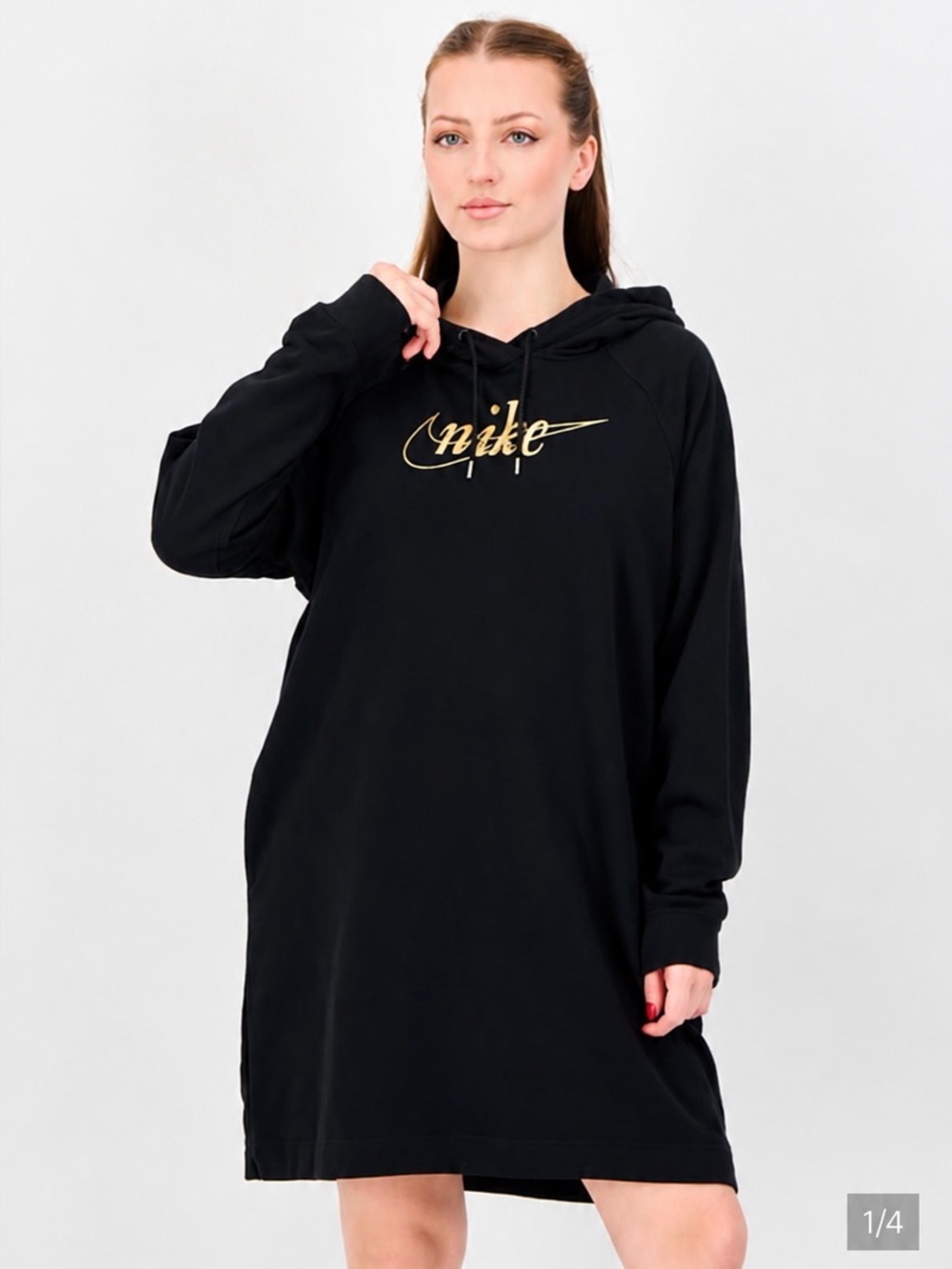 Nike Black Hoodie Dress with Metallic Gold Script
